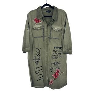 Sonesta Womens Shirt Dress Size M Embroidery Rhinestone Details Army Green Artsy